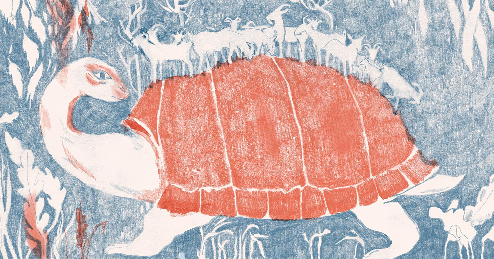 giant land tortoise with goats in negative shapes