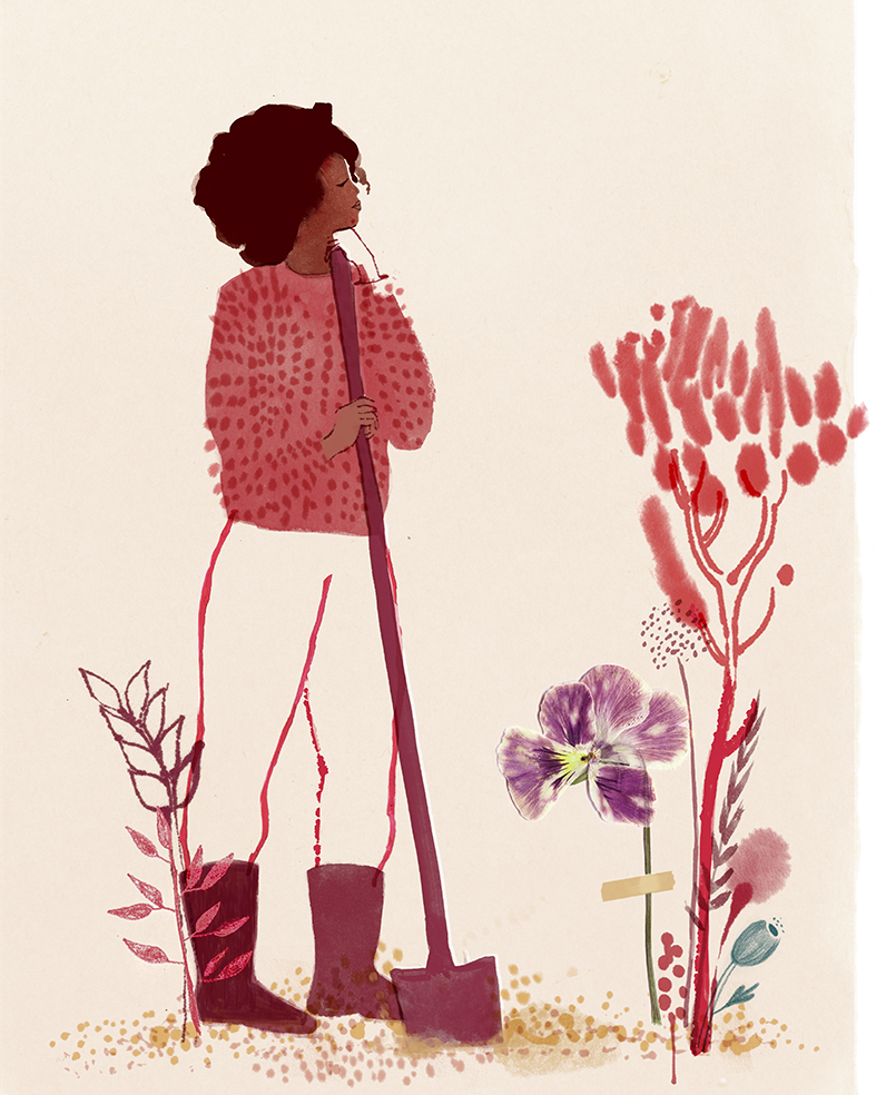 a woman resting while working in garden