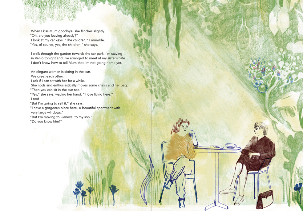 example spread book about dementia, garden scene