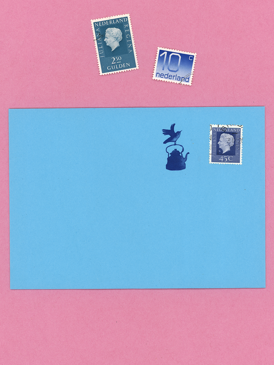 Light blue envelope with a small dark blue illustration of a bird flying with a teapot, photographed against a pink background with vintage Dutch postage stamps.