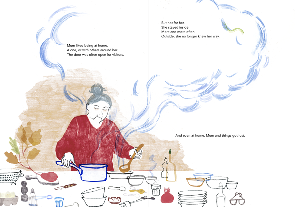 Illustrated book spread showing Mum cooking at home, surrounded by kitchen objects, with a large blue cloud above her.