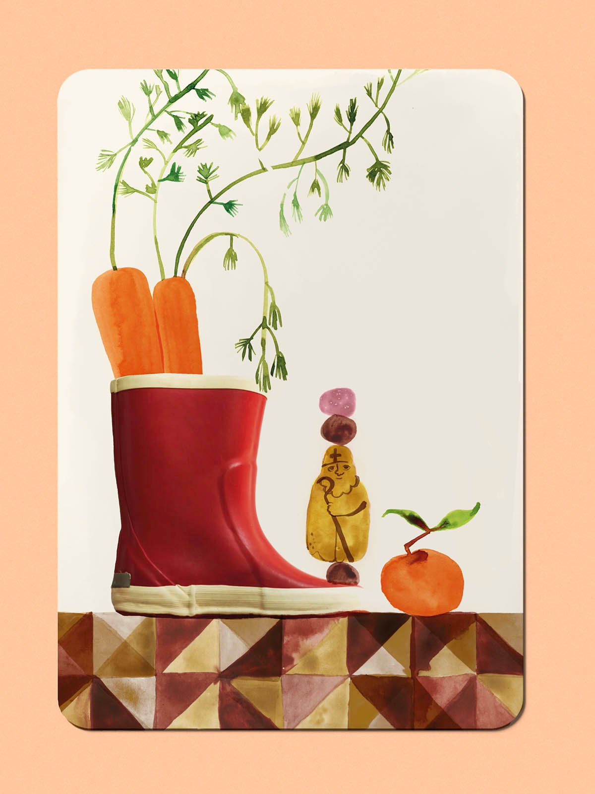 Illustrated Dutch Sinterklaas greeting card featuring a red boot filled with carrots, a traditional taaitaai cookie, 'pepernoten' and a mandarin orange.